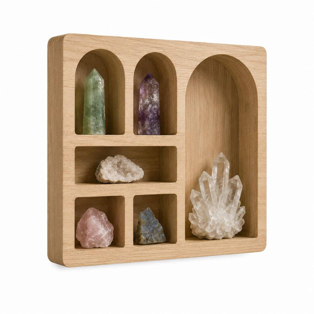 Étagère de présentation à poser beige en MDF plaqué chêne avec 6 niches 40 x 12 x 40 cm