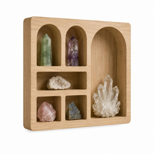 Étagère de présentation à poser beige en MDF plaqué chêne avec 6 niches 40 x 12 x 40 cm