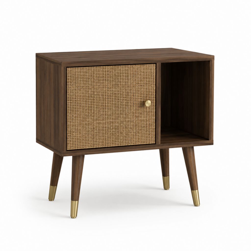 Table de chevet marron en panneaux MDF et cannage de rotin 60 x 40 x 65 cm avec porte et niche