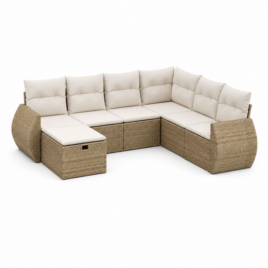 Salon de jardin d'angle 6 places en résine tressée PE beige avec coussins crème 300 x 230 x 85 cm