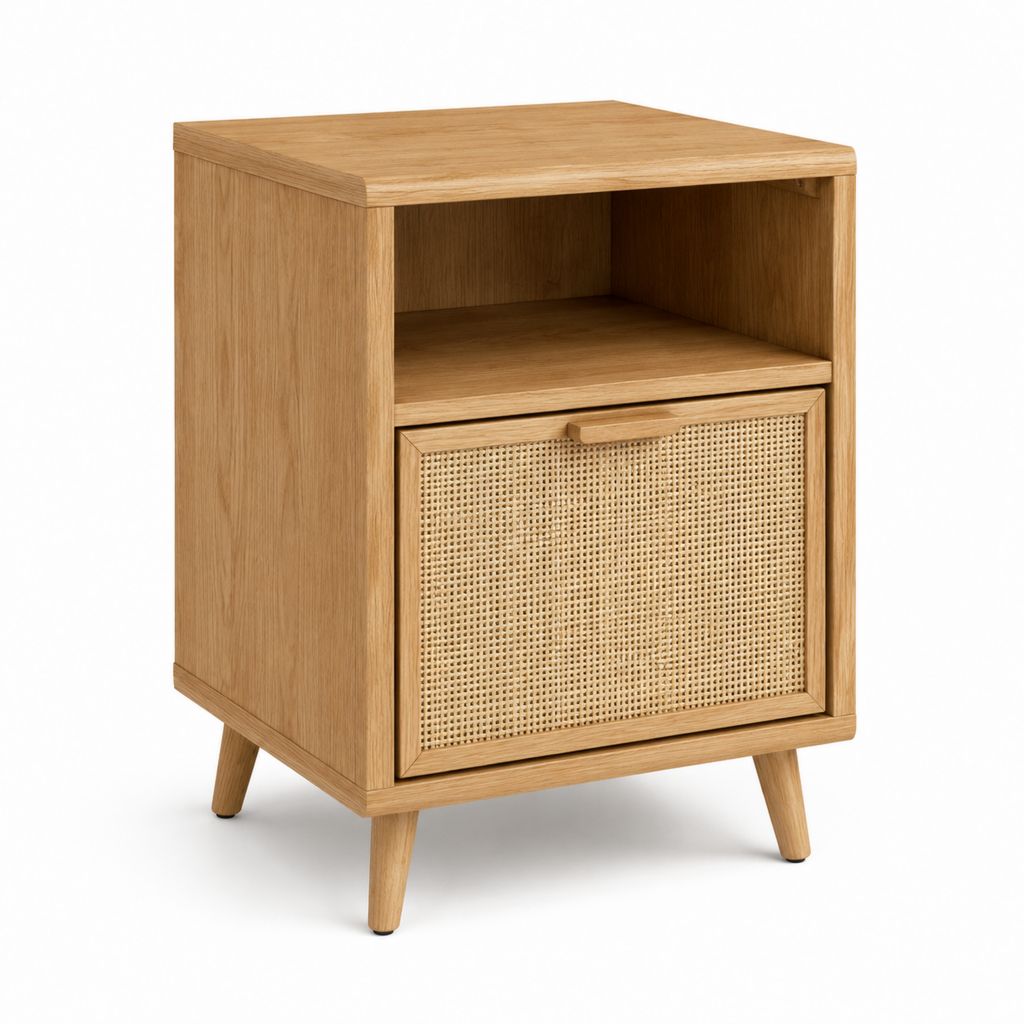 Table de chevet avec rangement chêne naturel MDF plaqué chêne et rotin tressé rectangulaire 60 x 40 x 65 cm