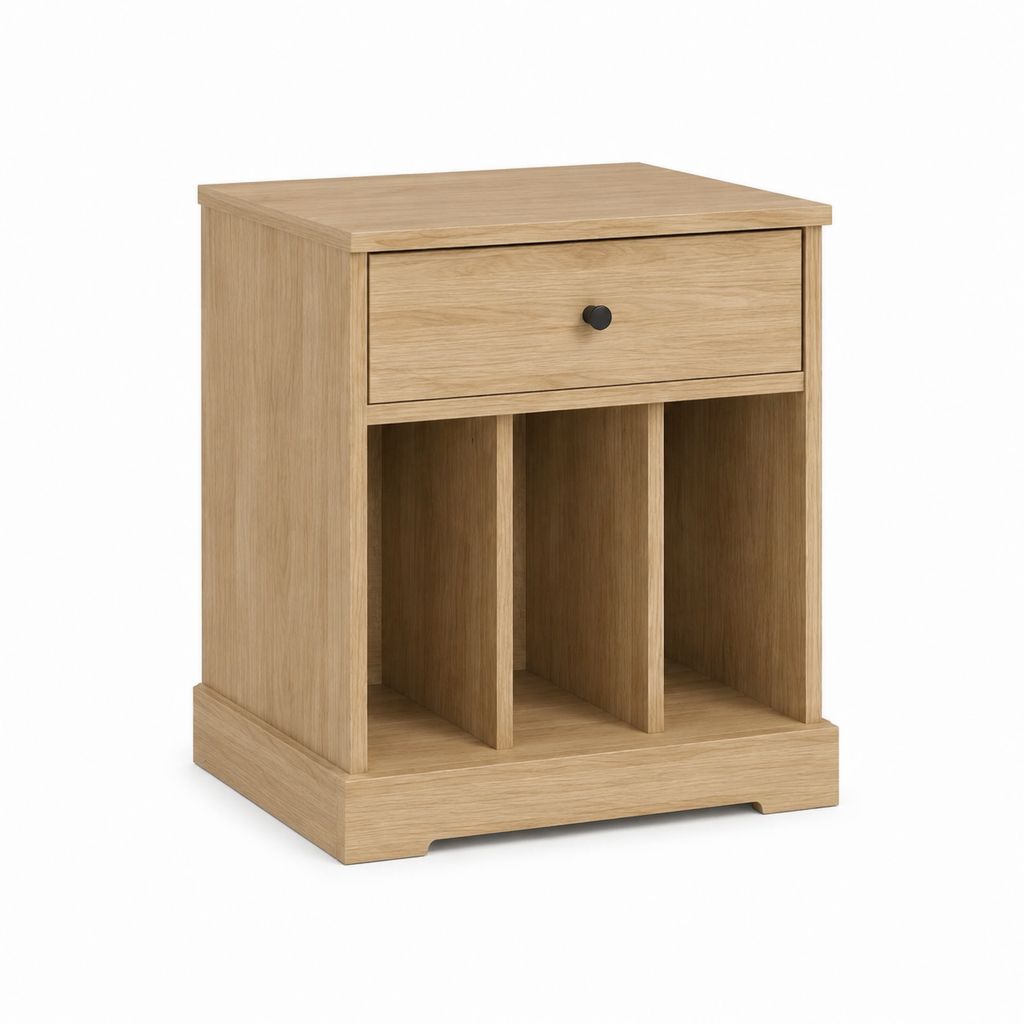 Table de chevet avec tiroir et 3 niches en panneaux de particules décor chêne clair 50 x 40 x 65 cm