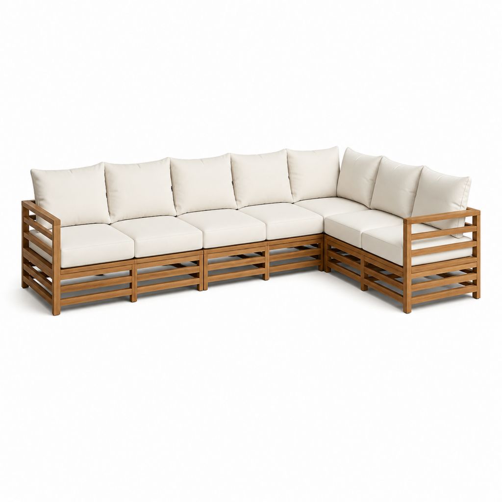 Canapé de jardin d'angle 5 places beige en acacia massif 300 x 220 x 78 cm