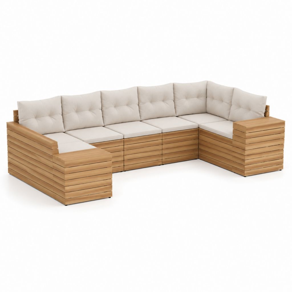 Salon de jardin d'angle 6 places beige en acacia massif 300 x 220 x 70 cm