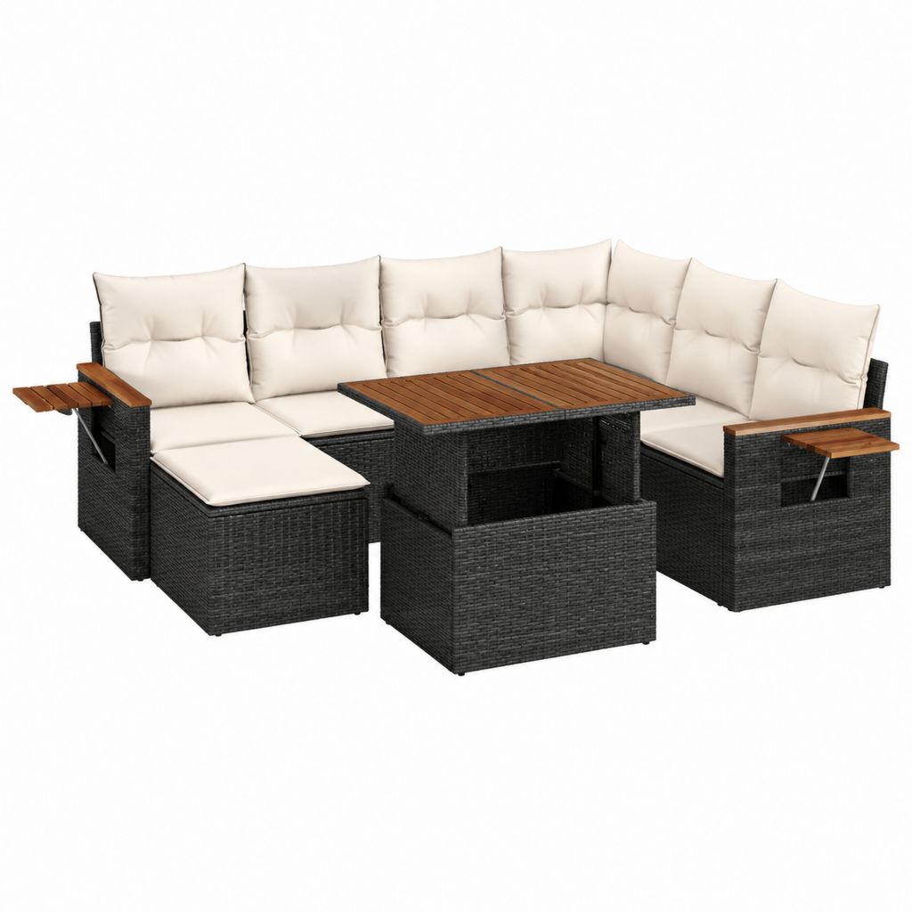 Salon de jardin modulable 7 pièces noir et crème en résine tressée PE avec table 110 x 60 x 66 cm