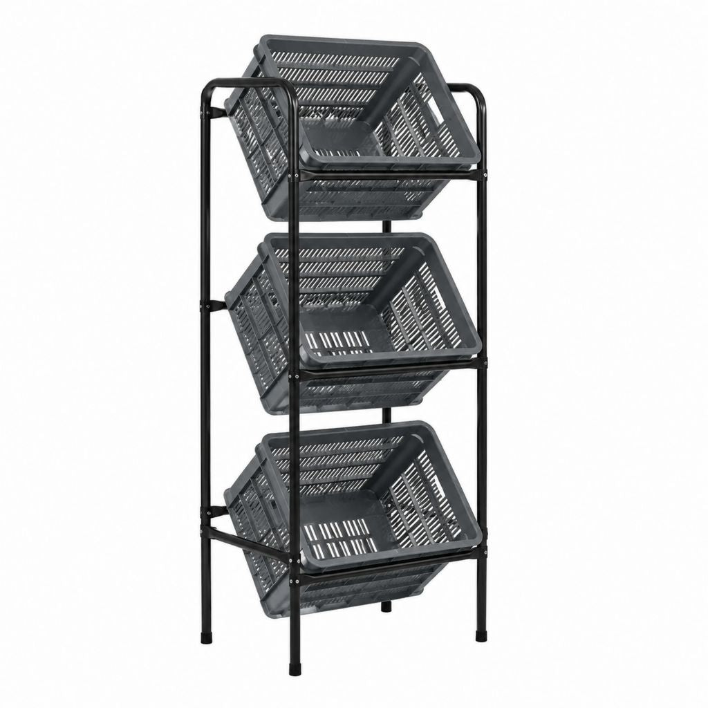 Étagère sur pied à 3 paniers inclinés noire en acier et polypropylène 43 x 33 x 96 cm