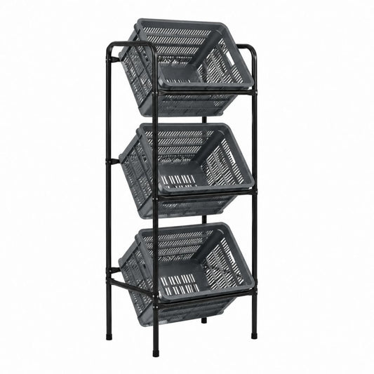 Étagère sur pied à 3 paniers inclinés noire en acier et polypropylène 43 x 33 x 96 cm