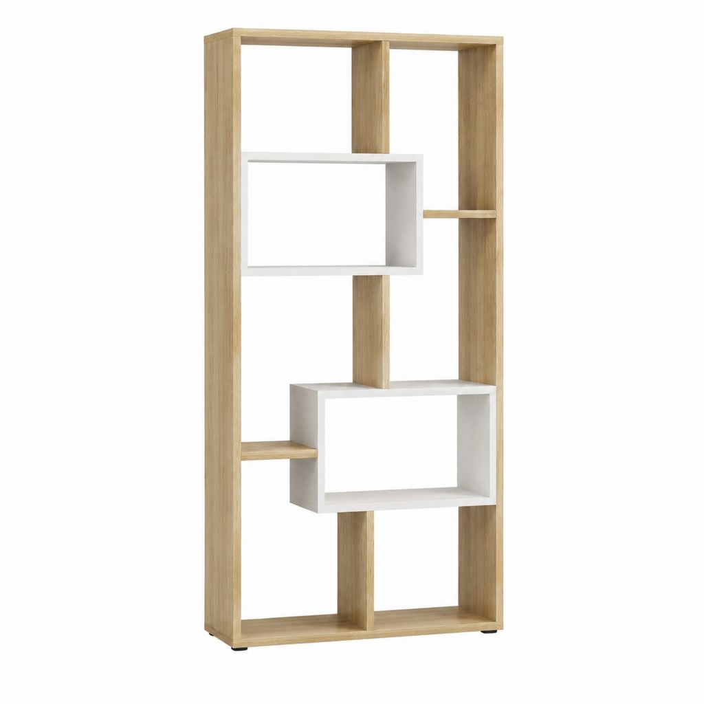 Bibliothèque sur pied à niches rectangulaires blanc et chêne clair en panneaux de particules mélaminés 60 x 160 x 24 cm