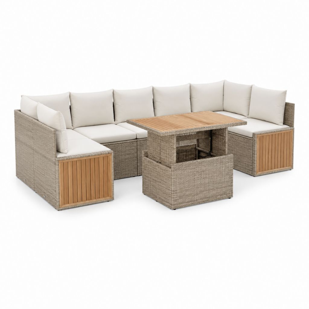 Salon de jardin d'angle modulable 5 places beige en résine tressée PE avec table relevable en acacia 260 x 200 cm