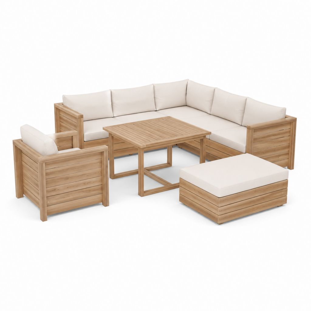Salon de jardin d'angle 5 pièces en bois d'acacia beige avec table basse 200 x 200 cm