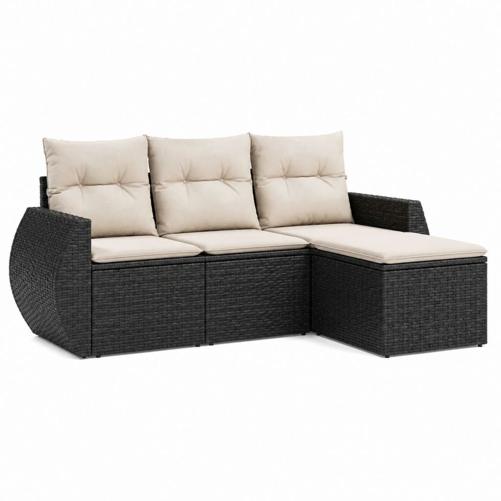 Canapé de jardin d'angle 3 places avec repose-pieds noir et crème en résine tressée PE 184 x 136 x 65 cm
