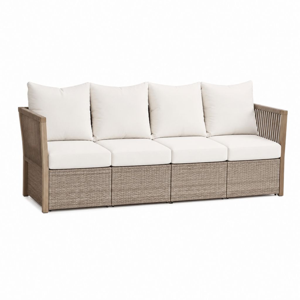 Canapé de jardin droit 4 places beige et taupe en résine tressée PE avec coussins 240 x 75 x 80 cm
