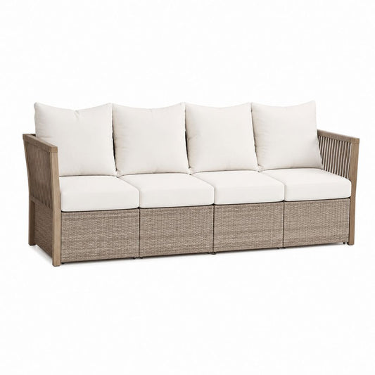 Canapé de jardin droit 4 places beige et taupe en résine tressée PE avec coussins 240 x 75 x 80 cm